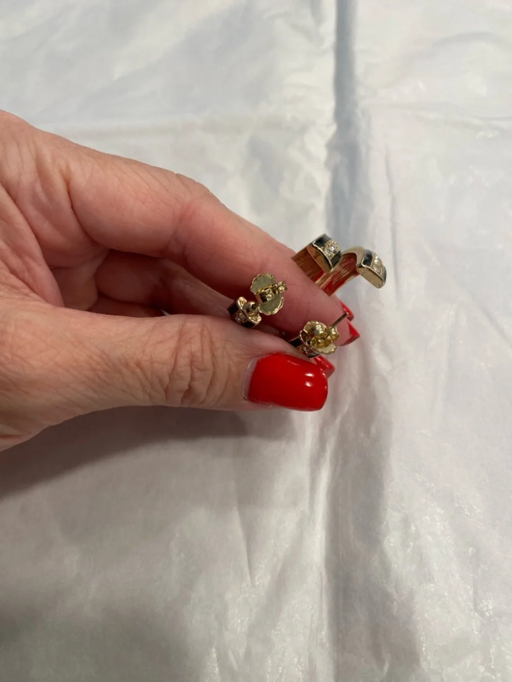 Gold Navy Enamel Rhinestone Hoop Earrings Medium - Picture 12 of 12